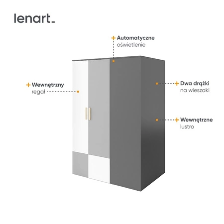 Szafa narożna Pok grafit / szary / biały / buk ibsen lewa garderoba do pokoju młodzieżowego z wewnętrznym oświetleniem i lustrem