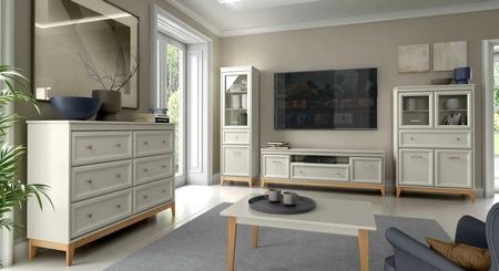 Komoda wysoka Windsor 92 cm beżowy / dąb smukła komoda z szufladą o wyrafinowanym designie wysokie nogi wykonane z litego drewna