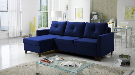 Narożnik z funkcją spania Terni granatowy lewostronny praktyczny i funkcjonalny narożnik wyposażony w pojemne pojemniki na pościel