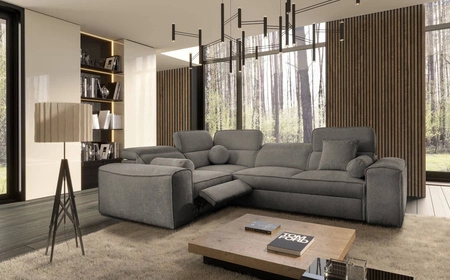 Narożnik z funkcją spania Viano II Lux szary lewostronny designerski narożnik do salonu z komfortowym wysuwanym podnóżkiem