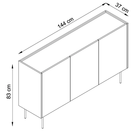 Komoda Vellore 144 cm beżowa elegancka komoda o subtelnym charakterze z obniżonym blatem w dębowym odcieniu metalowe nogi