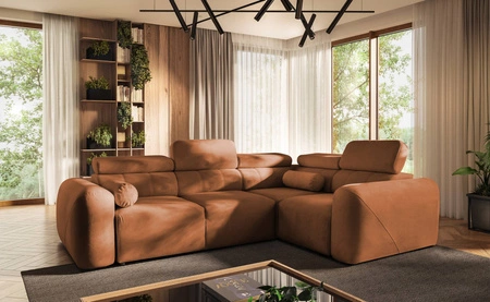 Narożnik z funkcją spania Cantare II ceglasty prawostronny komfortowy narożnik do salonu o stylowym charakterze miękka tkanina