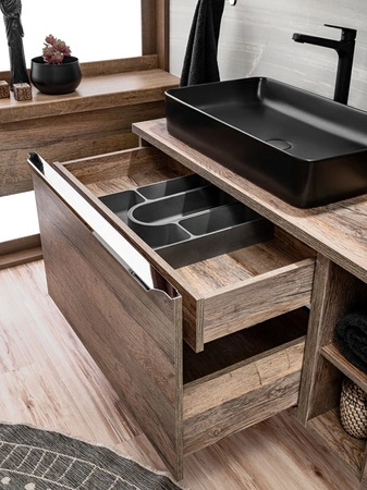 Szafka pod umywalkę nablatową Santa Fe 80 cm dąb vintage funkcjonalna szafka z szufladami praktyczny organizer uchwyt krawędziowy