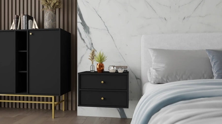 Szafka nocna wisząca Kioto IV czarny grafit z szufladami idealna szafka do sypialni o subtelnym wykończeniu metalowe złote uchwyty