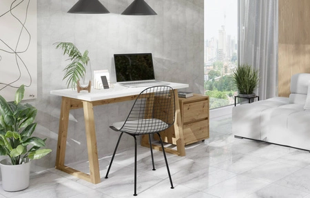 Biurko Figate 130 cm biały / dąb artisan loftowy charakter biurka do domowego biura lub pokoju młodzieżowego designerska podstawa