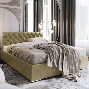 Łóżko tapicerowane Bauru 180x200 beżowe z pojemnikiem w nowoczesnym skandynawskim stylu z pikowanym zagłówkiem z kryształkami