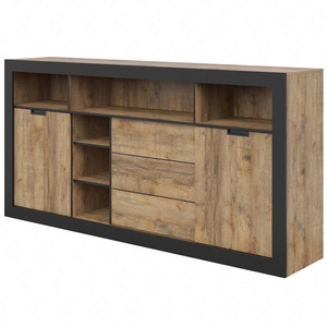 Komoda z szufladami Tudor 220 cm dąb samdal / czarny  z drzwiami przesuwnymi funkcjonalna i pojemna komoda bezuchwytowy system push to open