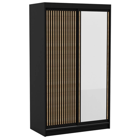 Szafa przesuwna z lustrem Delia 120 cm czarna stylowa szafa z ozdobnymi lamelami w kolorze drewna wpasuje się do każdej aranżacji