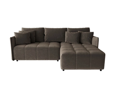 Narożnik z funkcją spania Oroso jasny brąz prawostronny miękka tkanina typu velvet z powłoką hydrofobową pojemnik na pościel