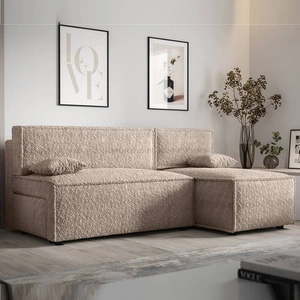 Narożnik z funkcją spania Brandon beżowy prawostronny miękka tkanina o charakterystycznej pętelkowej powierzchni pojemnik na pościel