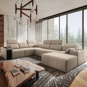 Narożnik z funkcją spania Tesalia VIII beżowy prawostronny komfortowy narożnik do salonu z innowacyjną funkcją przesuwanego oparcia