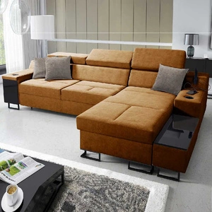 Narożnik z funkcją spania Alcamo miodowy prawostronny elegancki i stylowy narożnik z dostawką praktyczna szuflada w boczku mebla