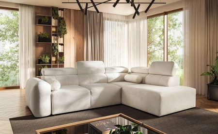 Narożnik z funkcją spania Cantare VII kremowy prawostronny narożnik z pojemnikiem na pościel wykonany z trwałej tkaniny typu plusz