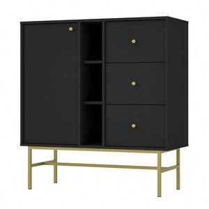 Komoda z szufladami Kioto III 100 cm czarny grafit nowoczesny design praktyczne półki złote uchwyty stabilny metalowy stelaż