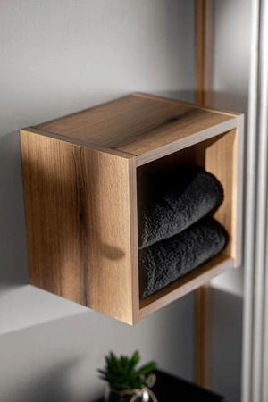 Zestaw mebli łazienkowych Nova dąb coast evoke / czarny stylowe szafki łazienkowe modne zestawienie gładkich i ryflowanych frontów