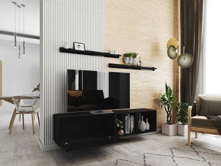 Szafka RTV wisząca Astros 172 cm czarna / czarny połysk z półkami minimalistyczny i elegancki design wpisujący się w każde wnętrze