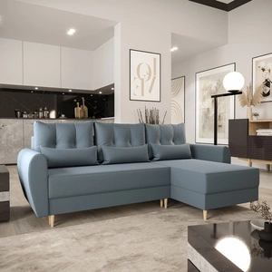 Narożnik z funkcją spania Rovigo szary błękit prawostronny elegancki narożnik w skandynawskiej formie duży pojemnik na pościel