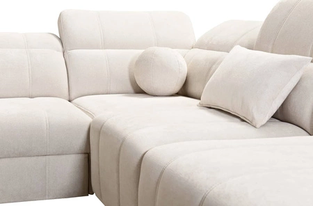 Narożnik z funkcją spania Penejos IX kremowy prawostronny stylowy narożnik z pojemnikami na pościel wygodne regulowane zagłówki