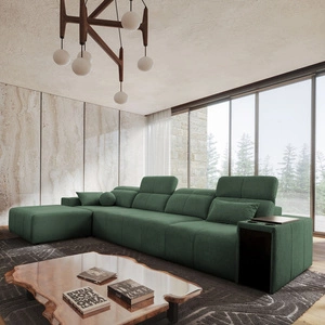 Narożnik z funkcją spania Tesalia XII miętowy lewostronny nowoczesny design komfortowe przesuwane oparcie szuflada w boczku mebla