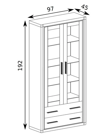 Witryna Dallas 97 cm dąb sonoma / czarny stylowa witryna z szufladami do salonu elementy z bezpiecznego szkła stylowe czarne uchwyty