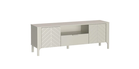 Szafka RTV Malumi 160 cm beżowa stylowy design ozdobny wzór jodełki na frontach minimalistyczny metalowy uchwyt wysoka podstawa