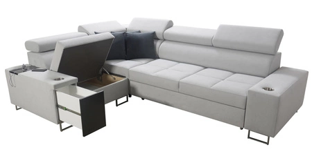 Narożnik z funkcją spania Dafni II czarno biały lewostronny pleciony narożnik z pojemnikiem na pościel szuflada z pełnym wysuwem