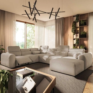 Narożnik z funkcją spania Cantare VIII Lux beżowy prawostronny designerski narożnik z elektrycznie podnoszonym podnóżkiem