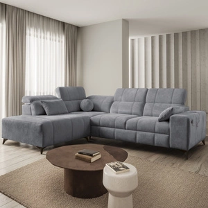 Narożnik z funkcją spania Penejos VII szary lewostronny stylowy narożnik z pojemnikiem na pościel wygodne regulowane zagłówki