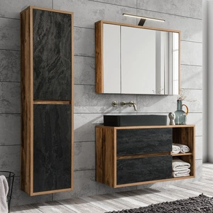 Zestaw mebli łazienkowych Hampton dąb huton / ciemny beton stylowe szafki łazienkowe o prostej formie podkreślone kontrastową kolorystyką