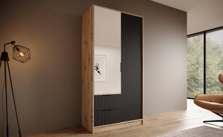 Szafa z lustrem Norel 102 cm dąb artisan / czarny stylowa szafa o nowoczesnym designie z ryflowanymi frontami i pojemnymi szufladami