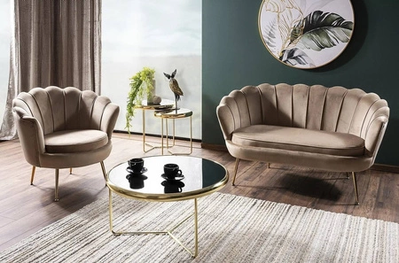 Sofa Camellia szara prosta i stylowa sofa wpisująca się w każdą aranżację sofa muszelka ze złotymi nogami