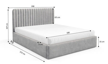 Łóżko tapicerowane Faro 180x200 szary popiel wygodne łóżko do sypialni designerskie wezgłowie o subtelnie zaokrąglonym kształcie