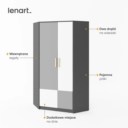 Szafa narożna Pok grafit / szary / biały / buk ibsen pojemna szafa na ubrania o nowoczesnym wyglądzie solidne wykonanie