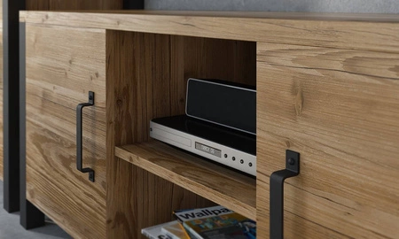 Szafka RTV Olin 147 cm appenzeller / czarny stylowa szafka pod telewizor w stylu industrialnym uchwyty w kolorze czarnym