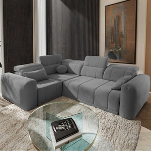 Narożnik z funkcją spania Cetara II szary lewostronny stylowy design przesuwane oparcia regulowane zagłówki i pojemnik na pościel