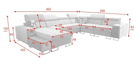Narożnik z funkcją spania Hampton VIII bordowy lewostronny nowoczesny design narożnik rozkładany do salonu funkcjonalna dostawka