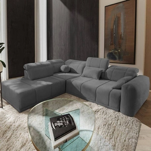 Narożnik z funkcją spania Cetara VII szary lewostronny wysokiej jakości narożnik do salonu z komfortowym przesuwanym oparciem