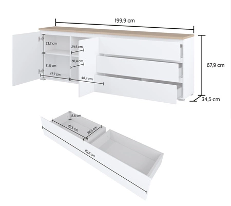 Komoda z szufladami Modo 200 cm biała / dąb mauvella prosta forma w nowoczesnym wydaniu idealna komoda do salonu lub sypialni frezowany uchwyt