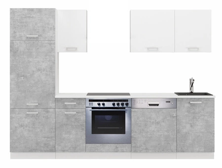 Zestaw mebli kuchennych z blatem Toni 270 cm biały / jasny beton komplet kuchenny doskonale prezentuje się w nowoczesnych wnętrzach