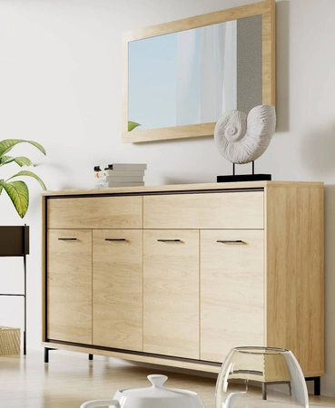 Komoda z szufladami Mediolan Plus 177 cm hikora szykowana komoda na metalowych nogach wzbogacona o czarne dodatki szuflady z systemem push to open