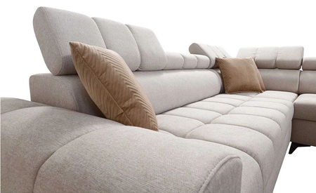 Narożnik z funkcją spania Bolmso II musztardowy prawostronny narożnik z pojemnikiem na pościel szuflada z pełnym wysuwem w boczku mebla