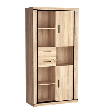 Regał Dallas 97 cm dąb sonoma / czarny elegancka stylistyka mebla wzbogacona o stylowe czarne dodatki ragał z szufladami i zamykanymi szafkami