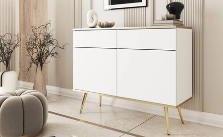 Komoda z szufladami Luxury 107 cm biała nowoczesny design komody do salonu korpus zwieńczony złotą listwą wysokie metalowe nogi