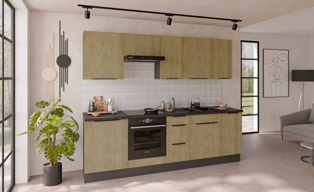 Zestaw mebli kuchennych Corsico 260 cm eleganckie szafki kuchenne o modnej i naturalnej kolorystyce metalowe uchwyty krawędziowe