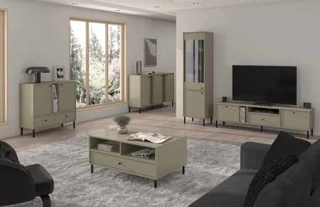 Zestaw mebli do salonu Kioto II eukaliptus stylowy design eleganckie meble w stonowanej kolorystyce wzbogacone czarnymi wysokimi nogami