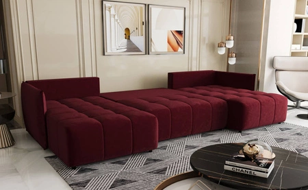 Narożnik z funkcją spania Oroso U bordowy pojemnik na pościel miękka tkanina typu velvet z powłoką hydrofobową ozdobne pikowania