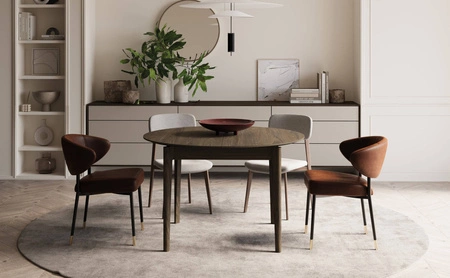 Stół okrągły rozkładany Plot 90 cm dąb ciemny funkcjonalny stół o niewielkich rozmiarach idealnie dopasuje się do mniejszych wnętrz