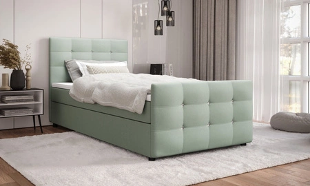 Łóżko kontynentalne Kansas 120x200 miętowe w nowoczesnym skandynawskim stylu z tapicerowanym zagłówkiem oraz zanóżkiem