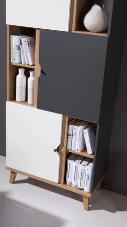 Regał z drzwiami Memone 80 cm dąb złoty / biały / grafitowy idealny regał do pokoju młodzieżowego lub pokoju dziecka w stylu skandynawskim