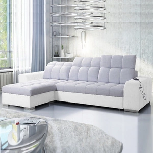 Narożnik z funkcją spania Luigi szary popiel / biały lewostronny narożnik z dwoma pojemnikami na pościel tkanina o ciekawej strukturze